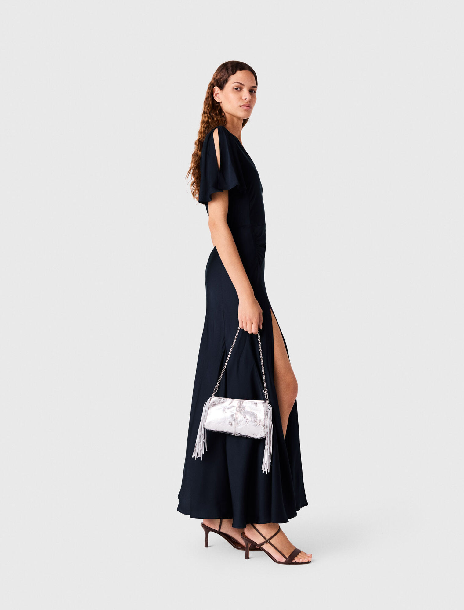 Vestido largo drapeado de sat&eacute;n