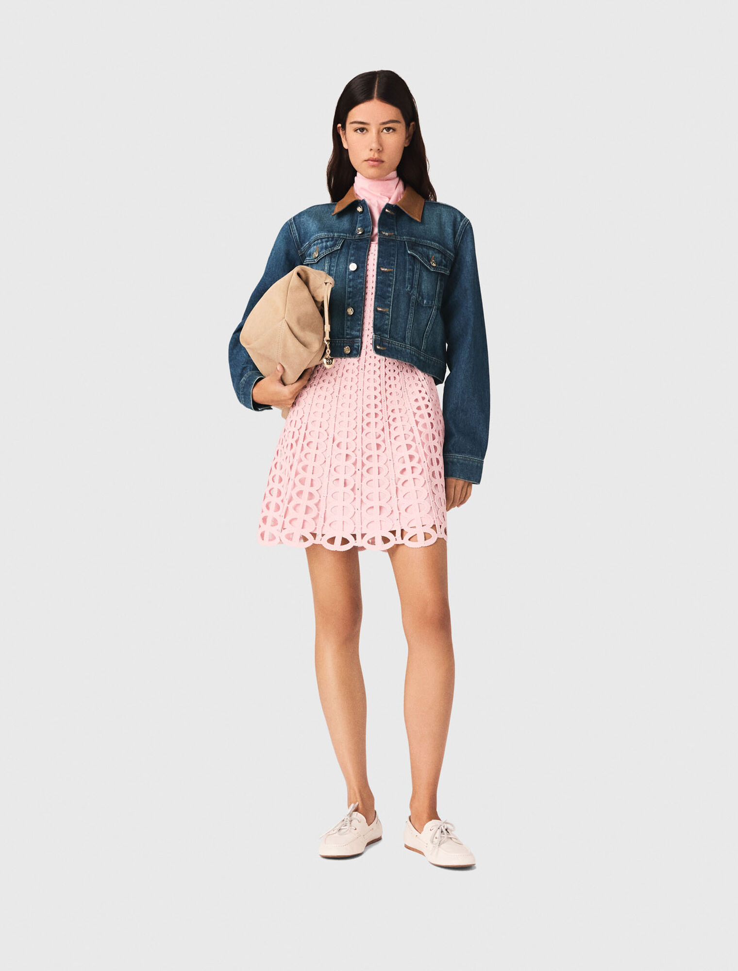 Chaqueta denim con cuello de cuero