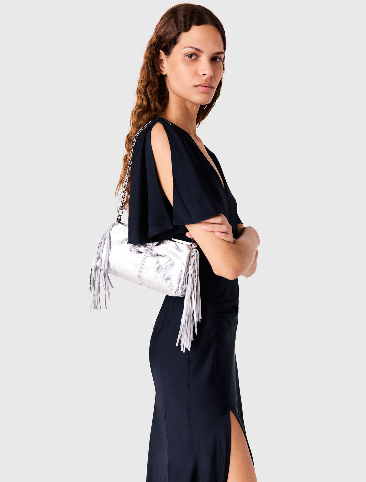 Vestido largo drapeado de sat&eacute;n
