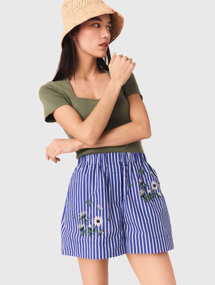 Short a rayas de algod&oacute;n bordado