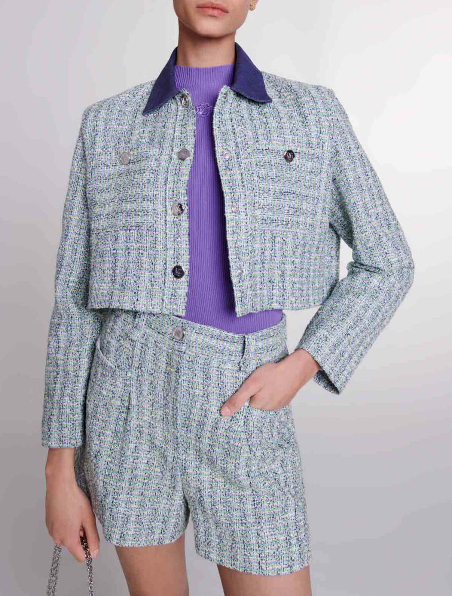 Chaqueta corta de tweed contrastada