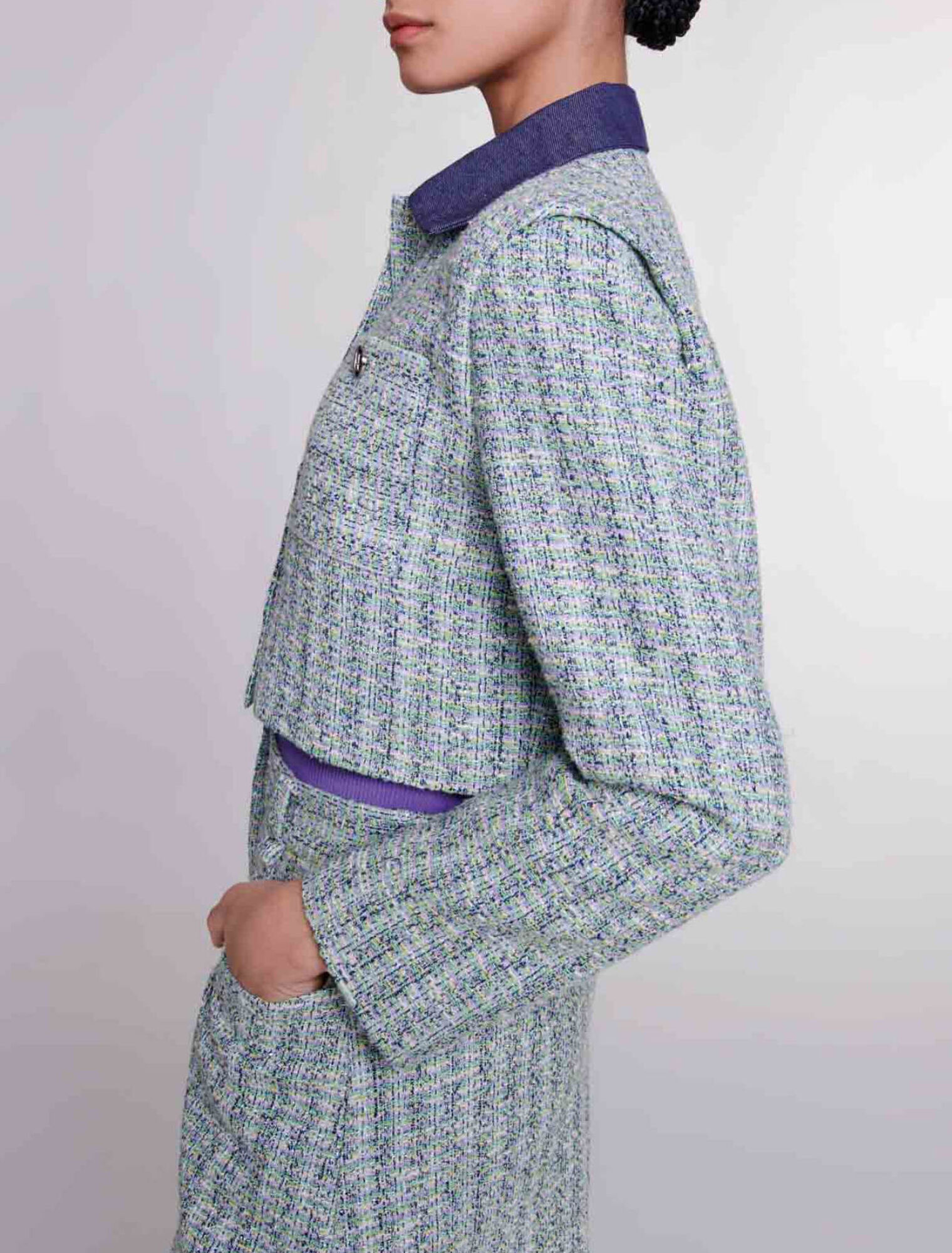 Chaqueta corta de tweed contrastada