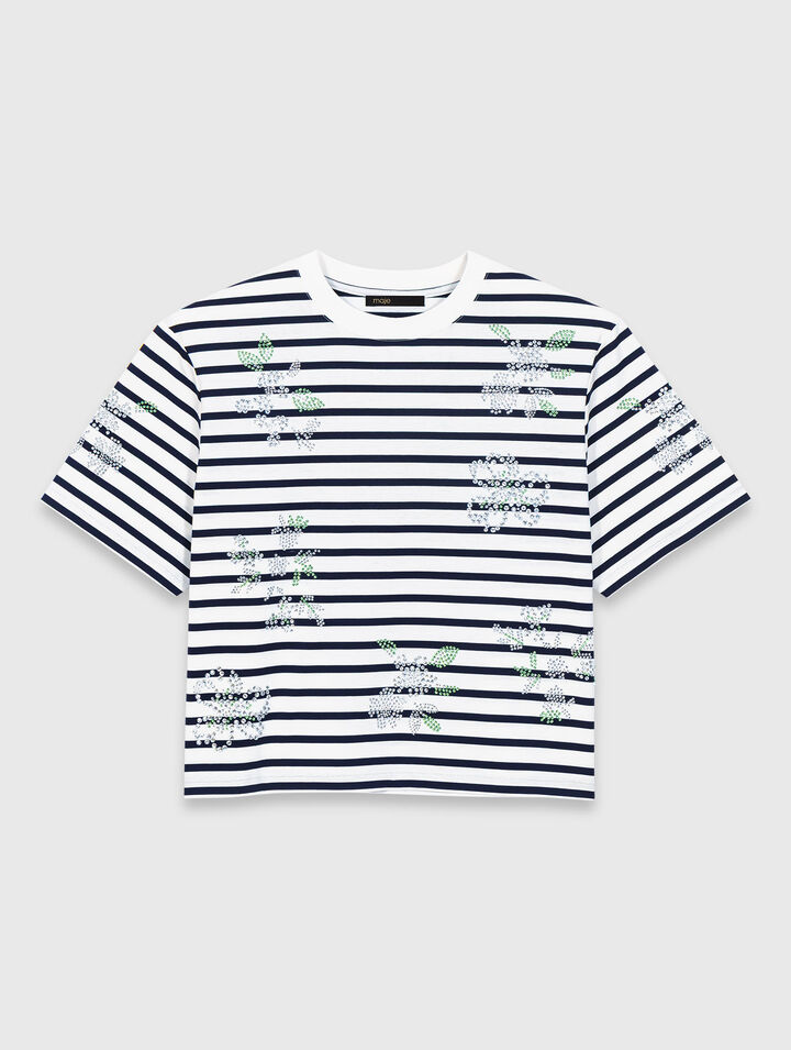 Camiseta rayas con flores de strass