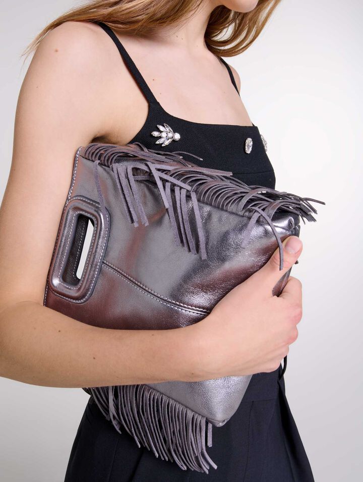 Bolso M de cuero gun metalizado