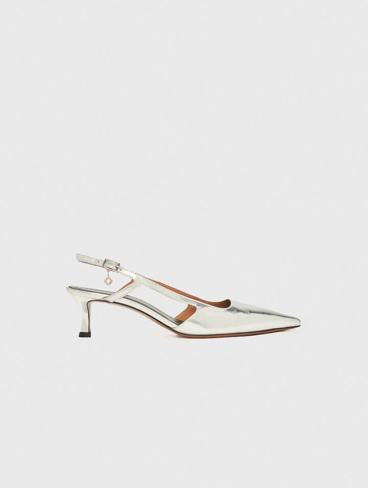 Zapatos tacón con tiras de piel plateada