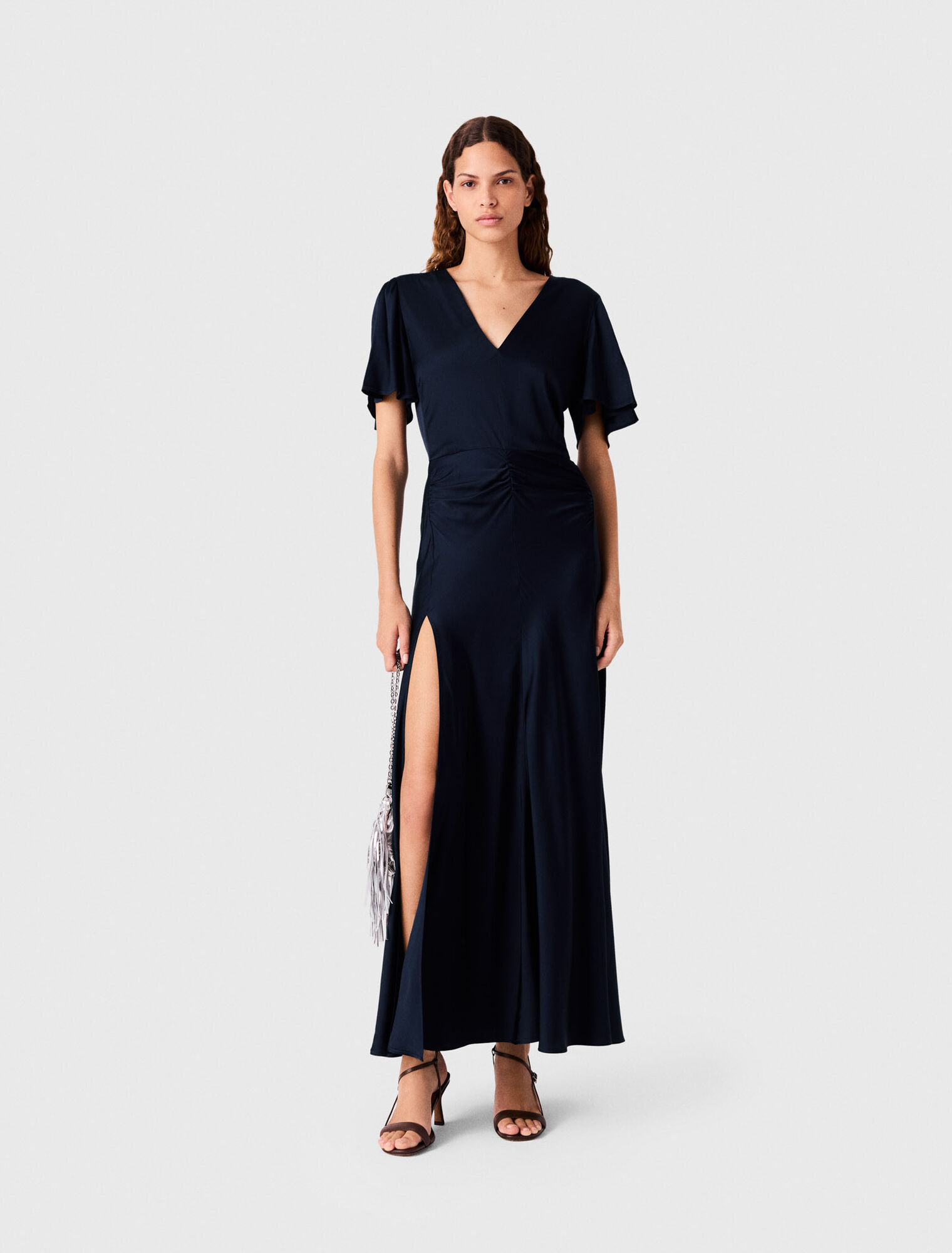 Vestido largo drapeado de sat&eacute;n