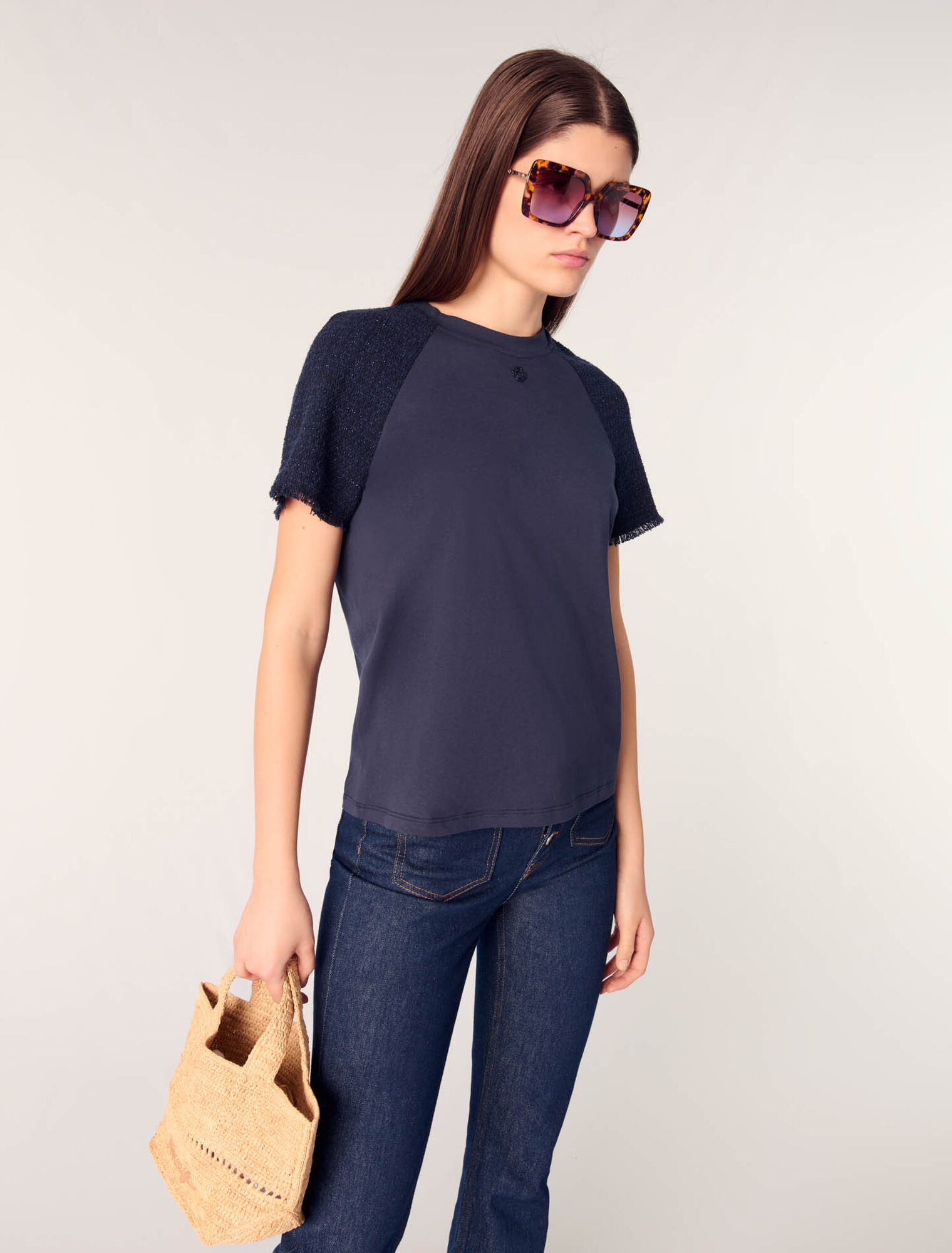 Camiseta con mangas de tweed