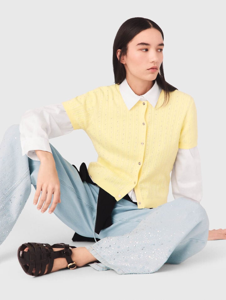 C&aacute;rdigan con cuello caja de strass