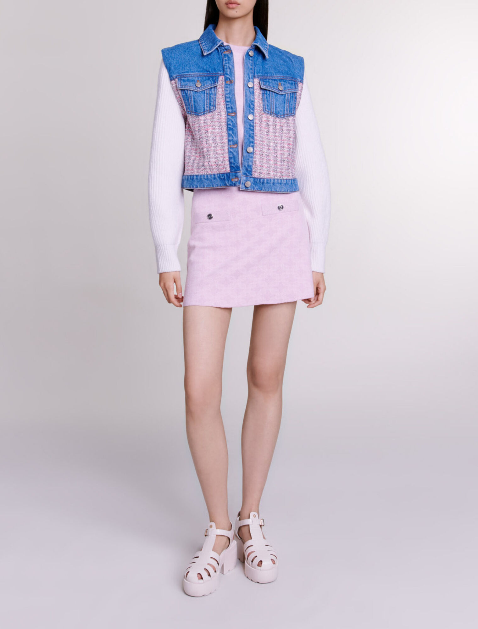 Cazadora corta de denim y tweed