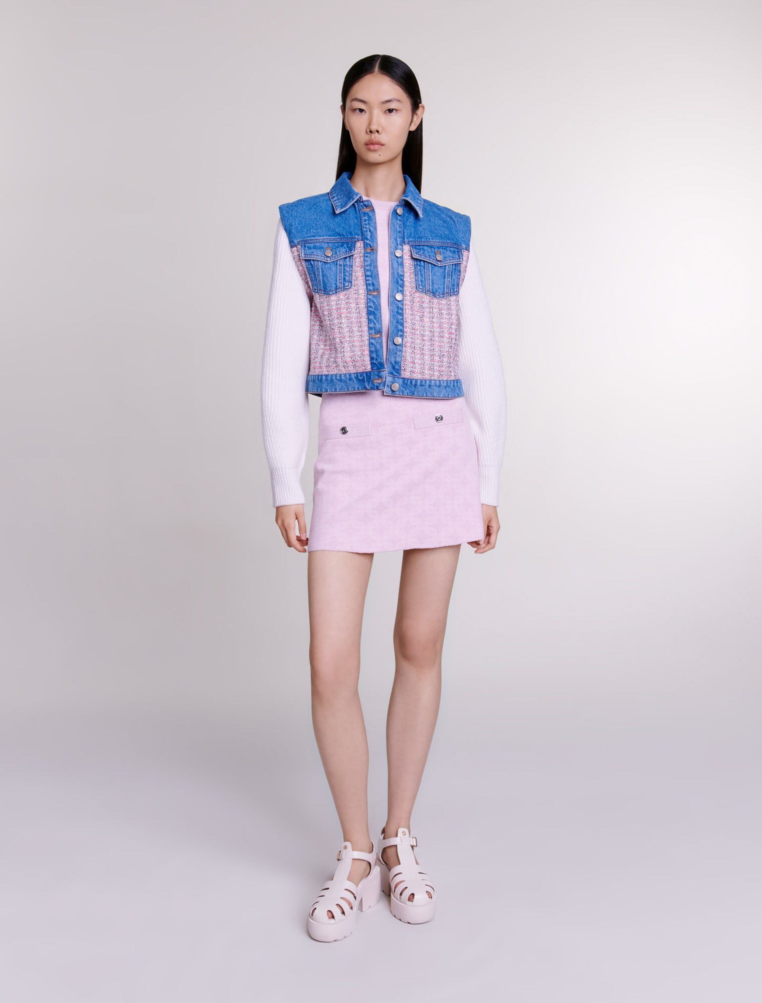Cazadora corta de denim y tweed