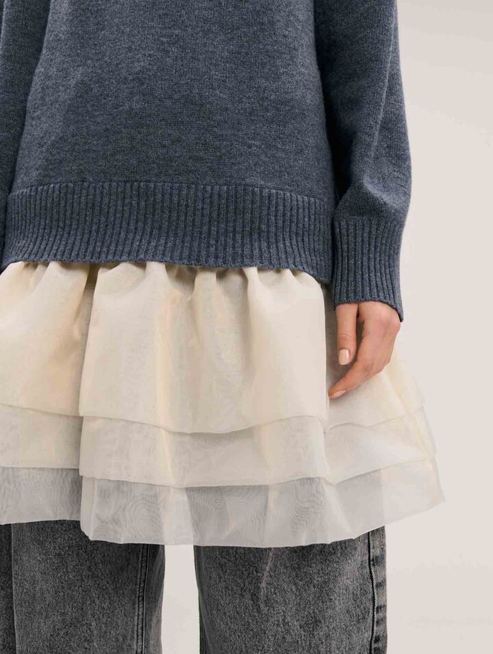Vestido bimaterial de lana y organza