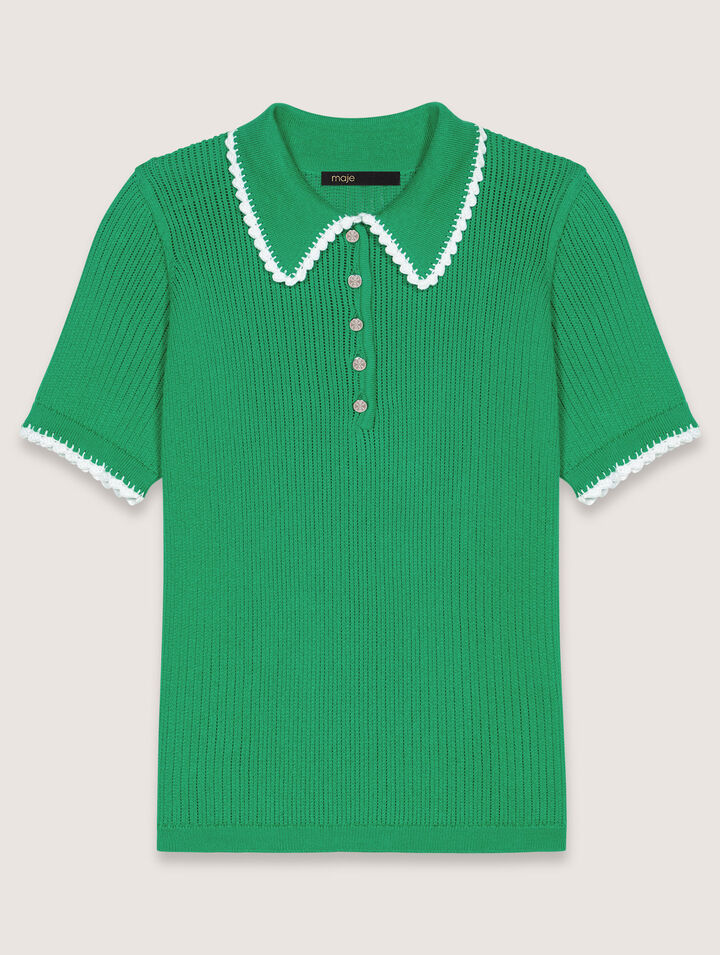 Polo de punto canalé y ganchillo