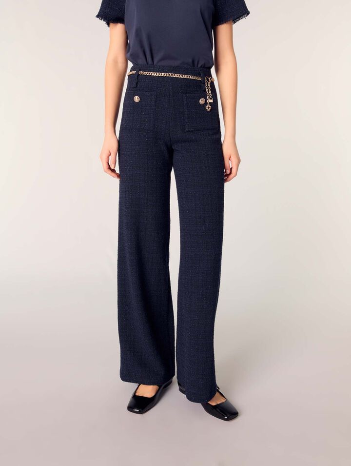 Pantalón tweed con cinturón cadena