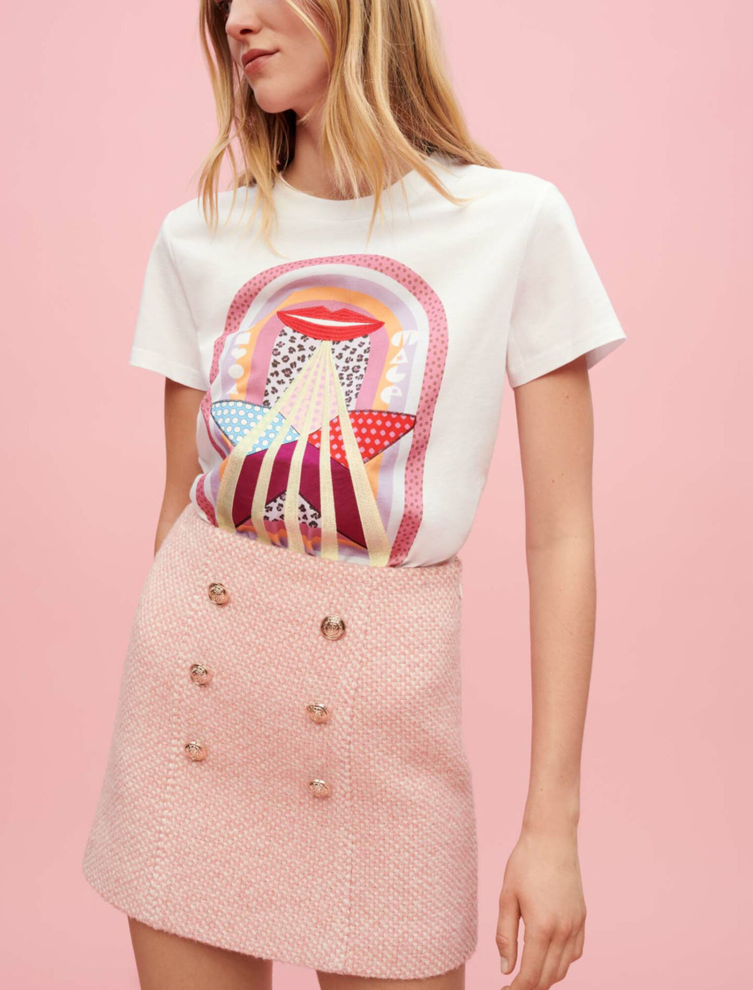 Falda de tweed jaspeada rosa y crudo