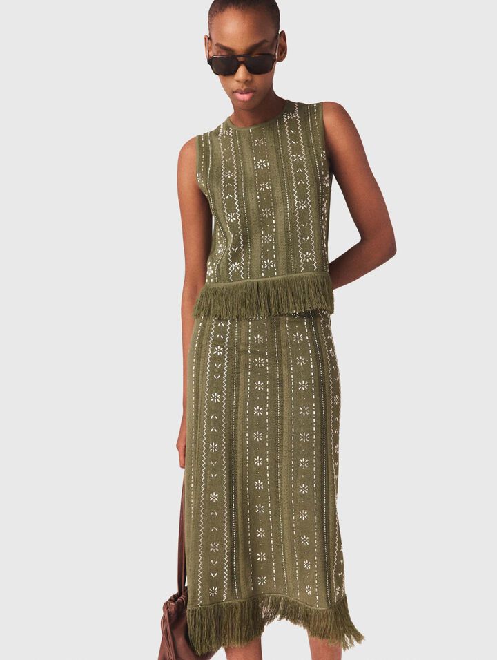 Falda de punto con flores, pedrer&iacute;a