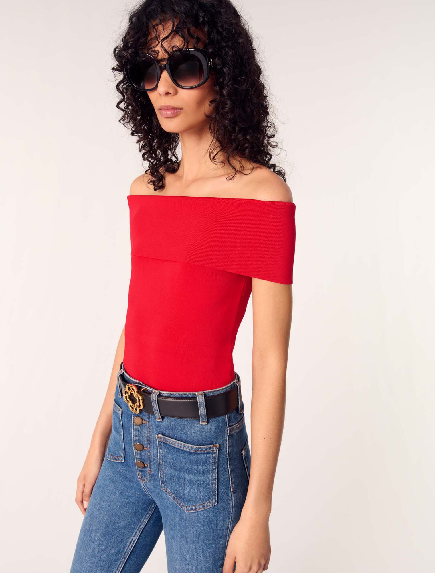 Top de punto de canalé cuello Bardot