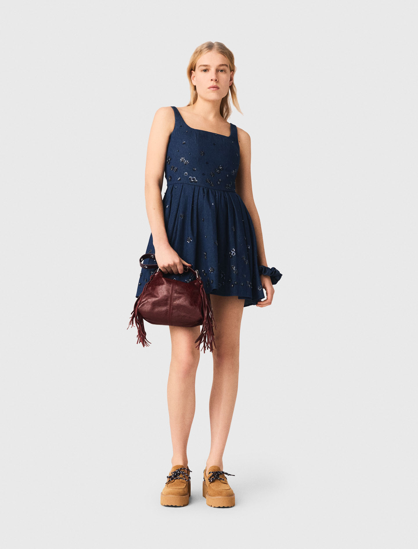Vestido Acampanado De Denim Bordado - Azul Marino - Talla 38 - Maje