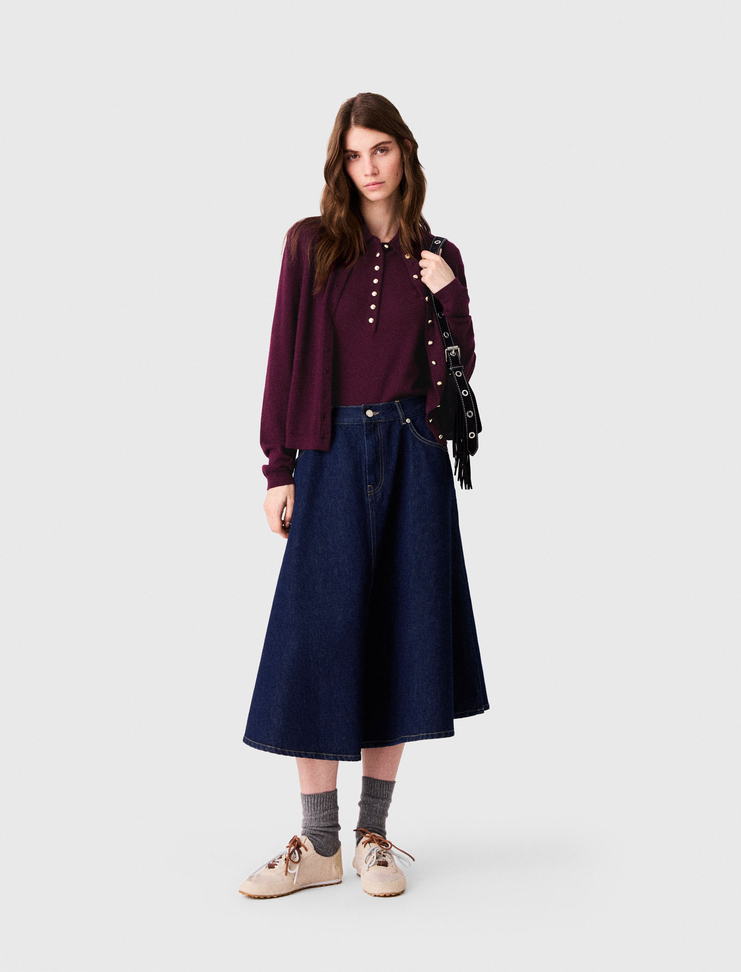 Falda Semilarga Evasé En Denim - Azul Marino - Talla 34 - Maje