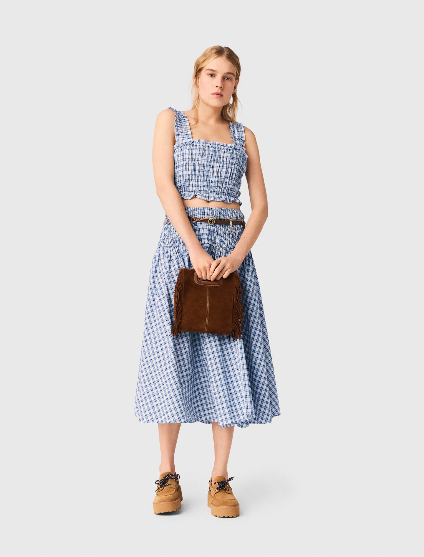 Top Fruncido De Algodón Con Strass - Carreaux Bleus Print - Talla 3 - Maje