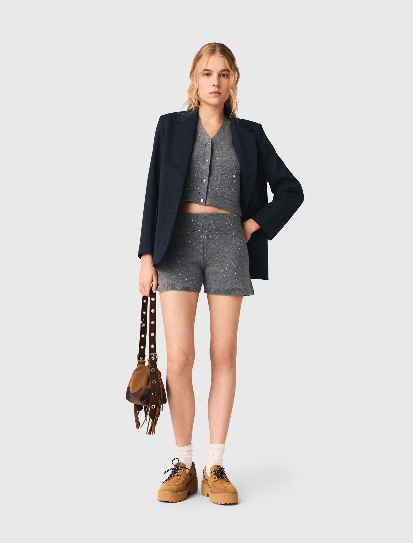 Short De Punto Con Strass - Gris - Talla 42 - Maje