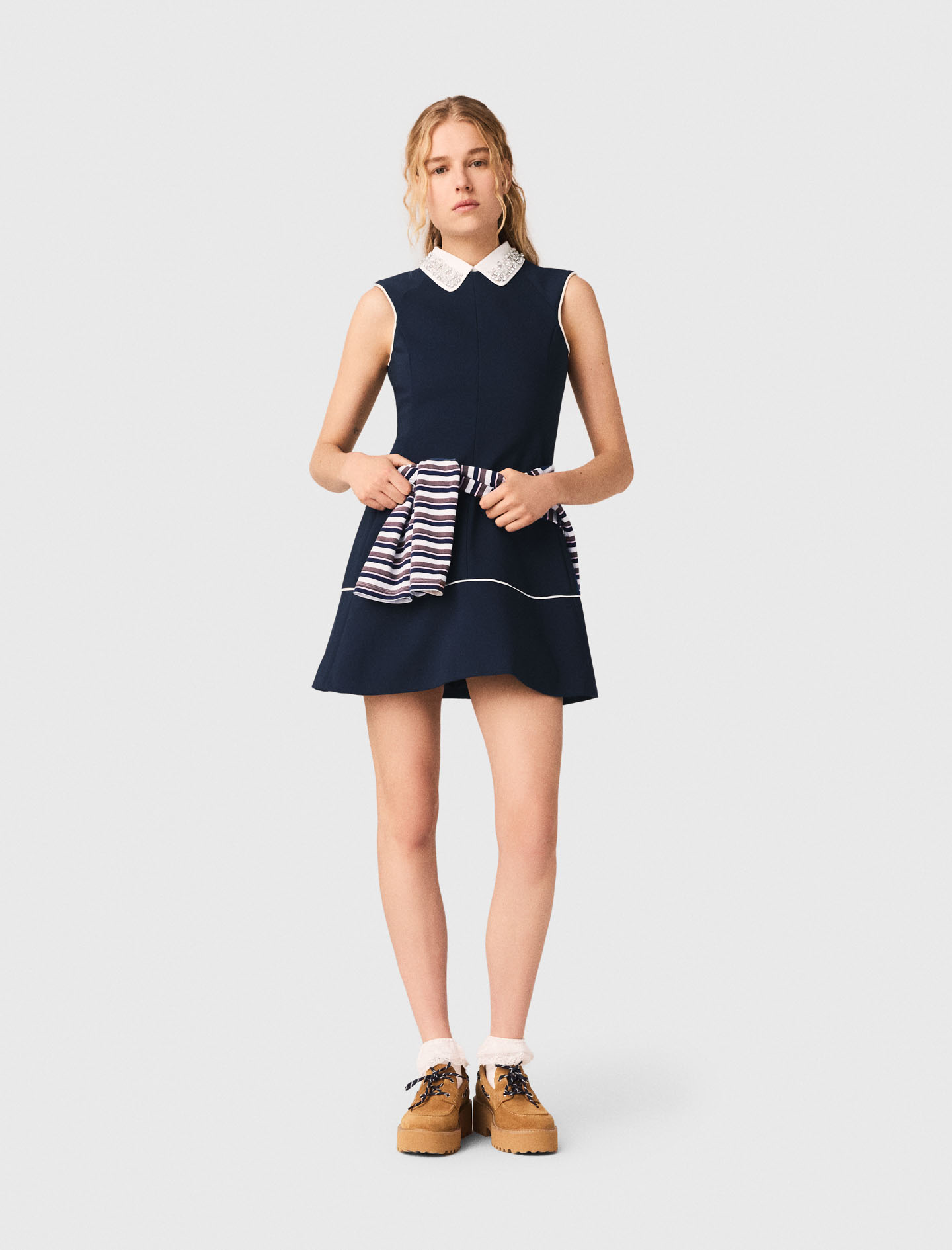 Vestido Evasé Con Bordes Contraste - Azul Marino - Talla 42 - Maje
