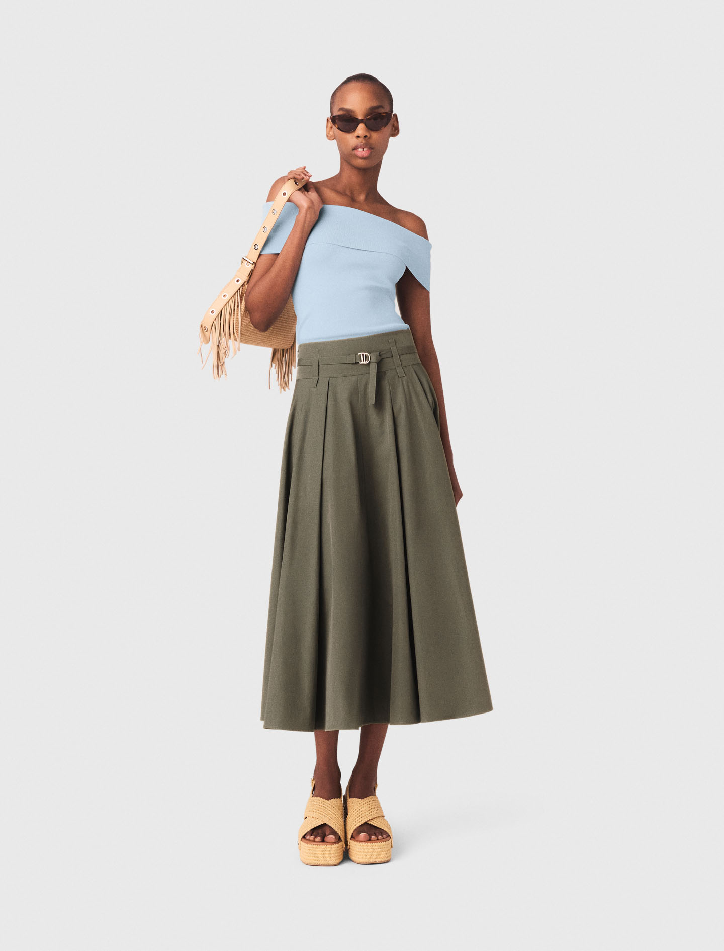 Falda Larga Con Pliegues De Algodón - Caqui - Talla 42 - Maje