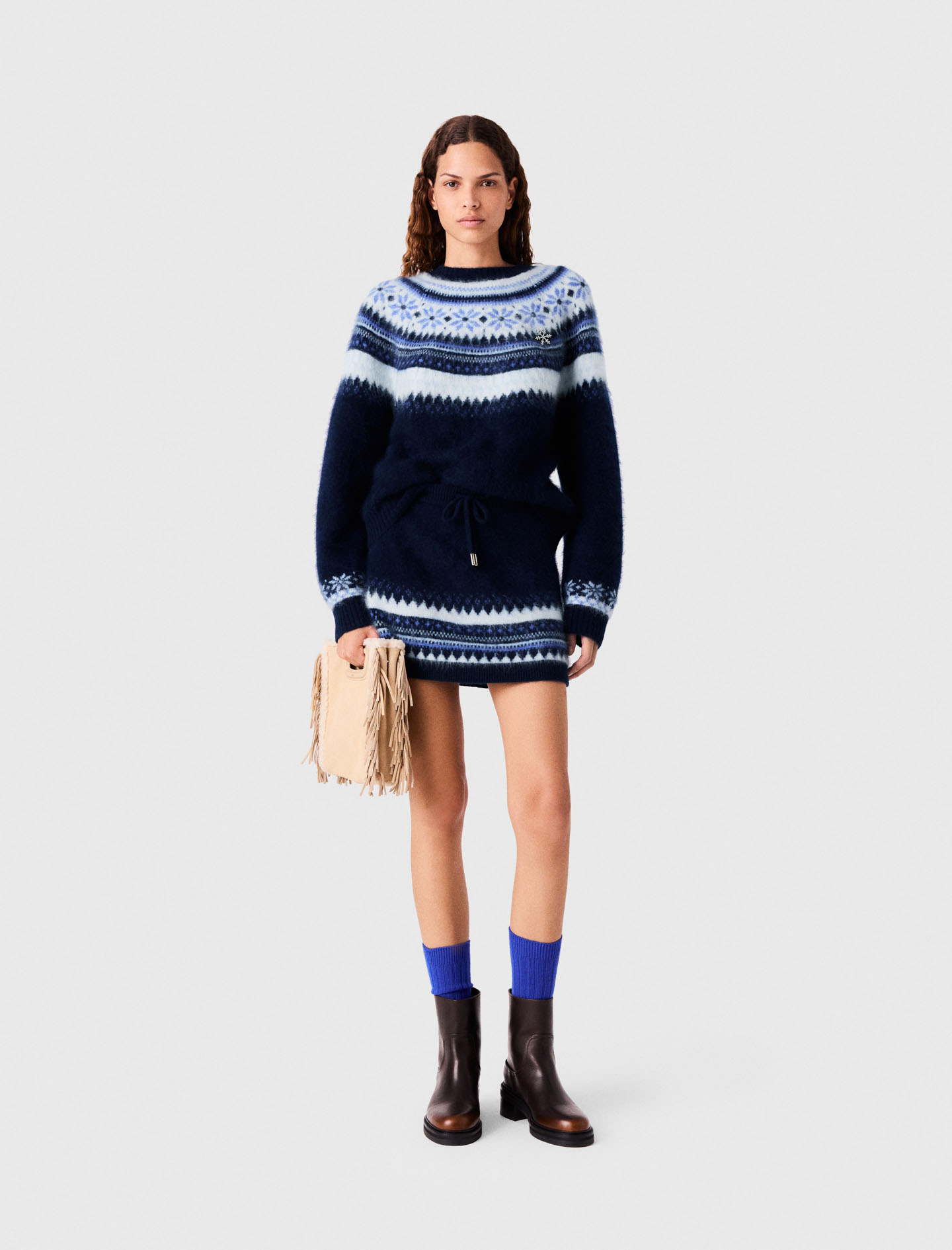 Falda Corta De Punto Jacquard - Azul Marino - Talla 34 - Maje