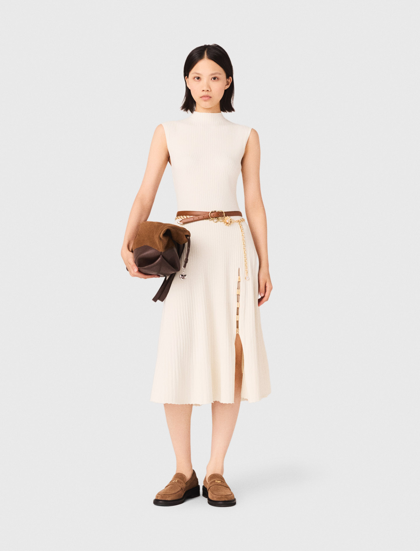 Vestido Acanalado Con Raja Lateral - Crudo - Talla 38 - Maje