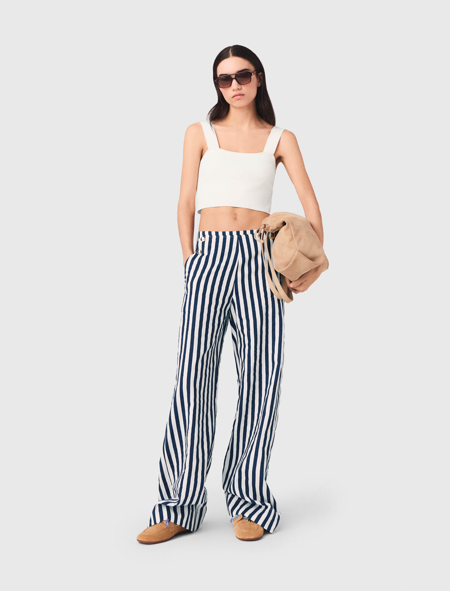 Pantalón Con Puente De Lino Mezcla - Blanco/azul - Talla 42 - Maje