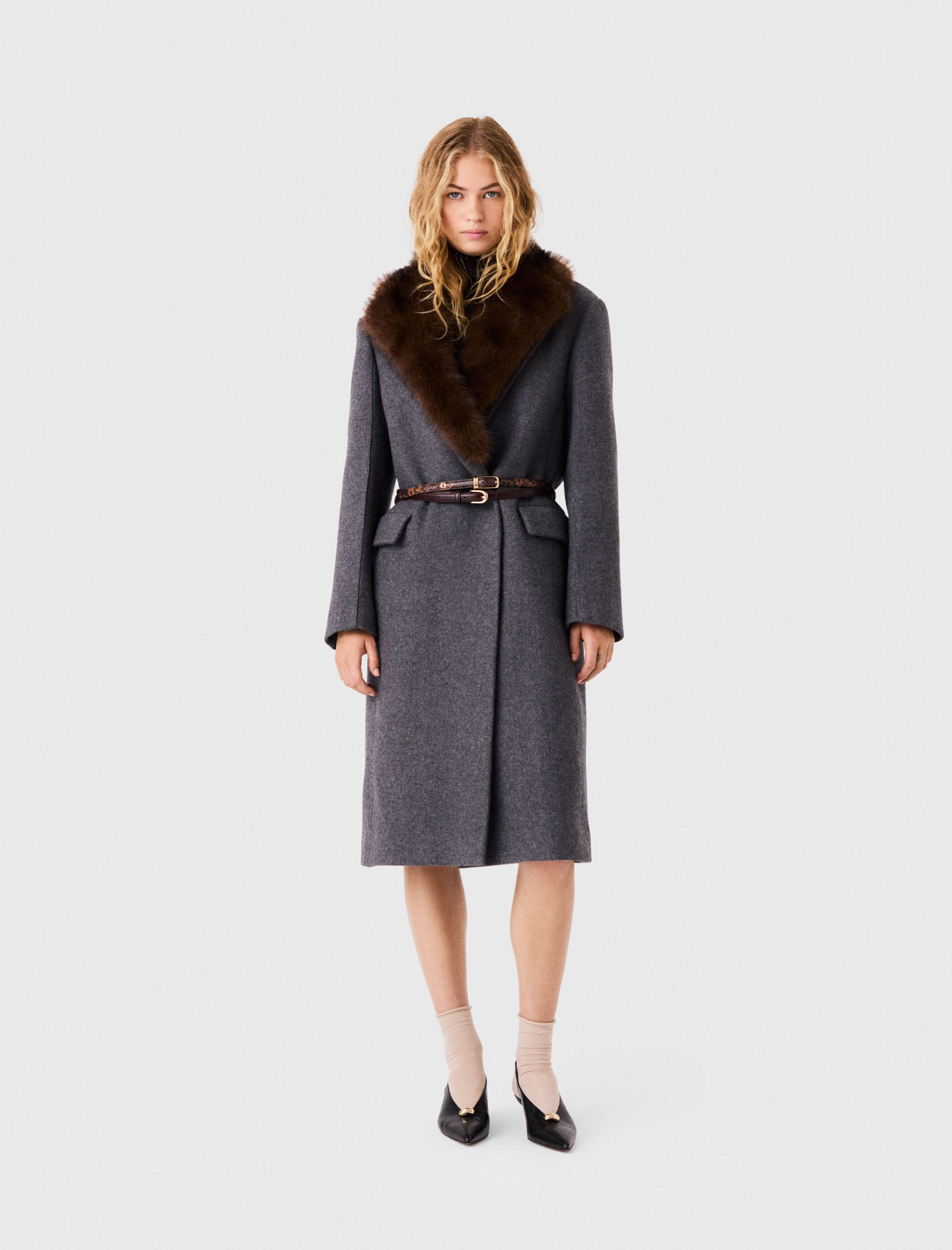 Abrigo Largo Cuello Pelo Sintético - Gris Oscuro - Talla 34 - Maje