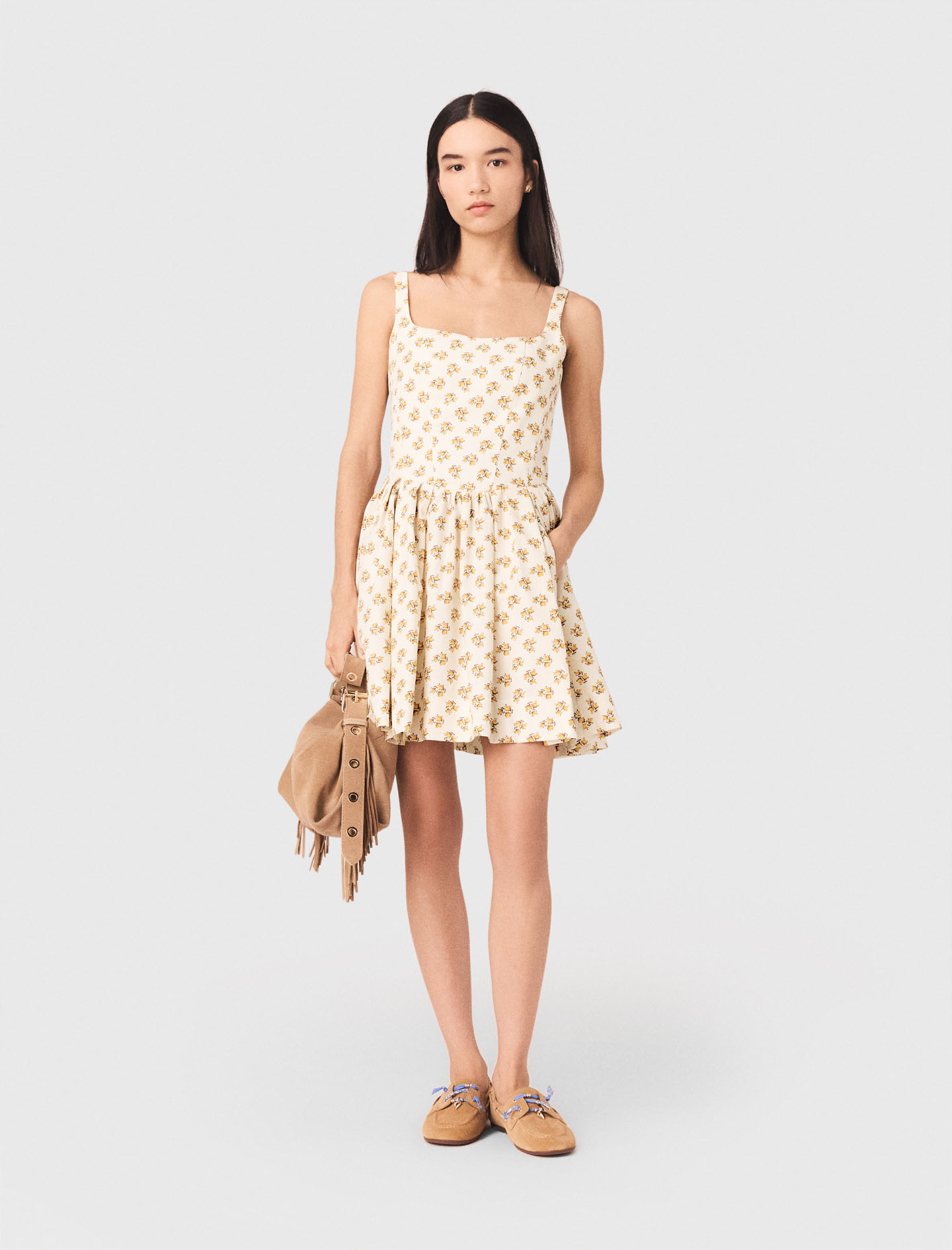 Vestido Corto Acampanado Estampado - Jaune Petites Fleurs Print - Talla 34 - Maje