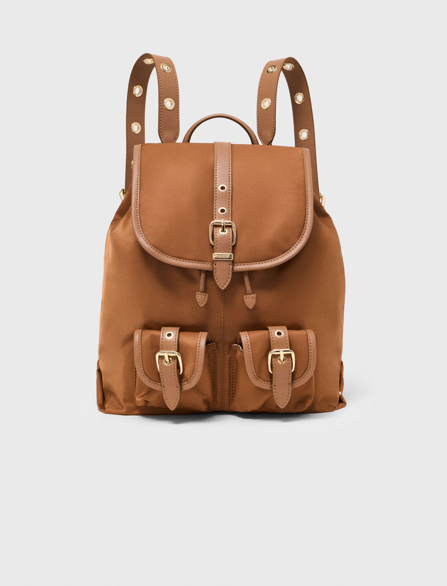 Mochila De Cuero Y Nylon - Camel - Maje