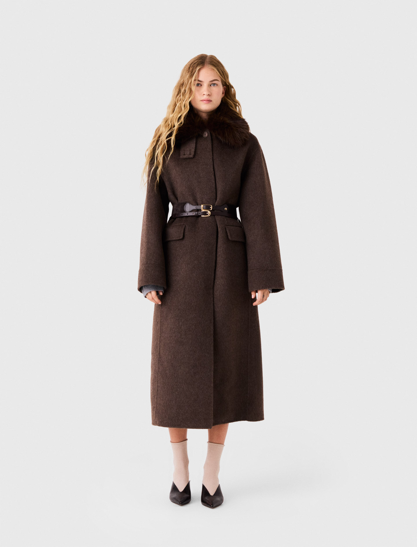 Abrigo Largo Cuello Pelo Sintético - Marrón Oscuro - Talla 34 - Maje