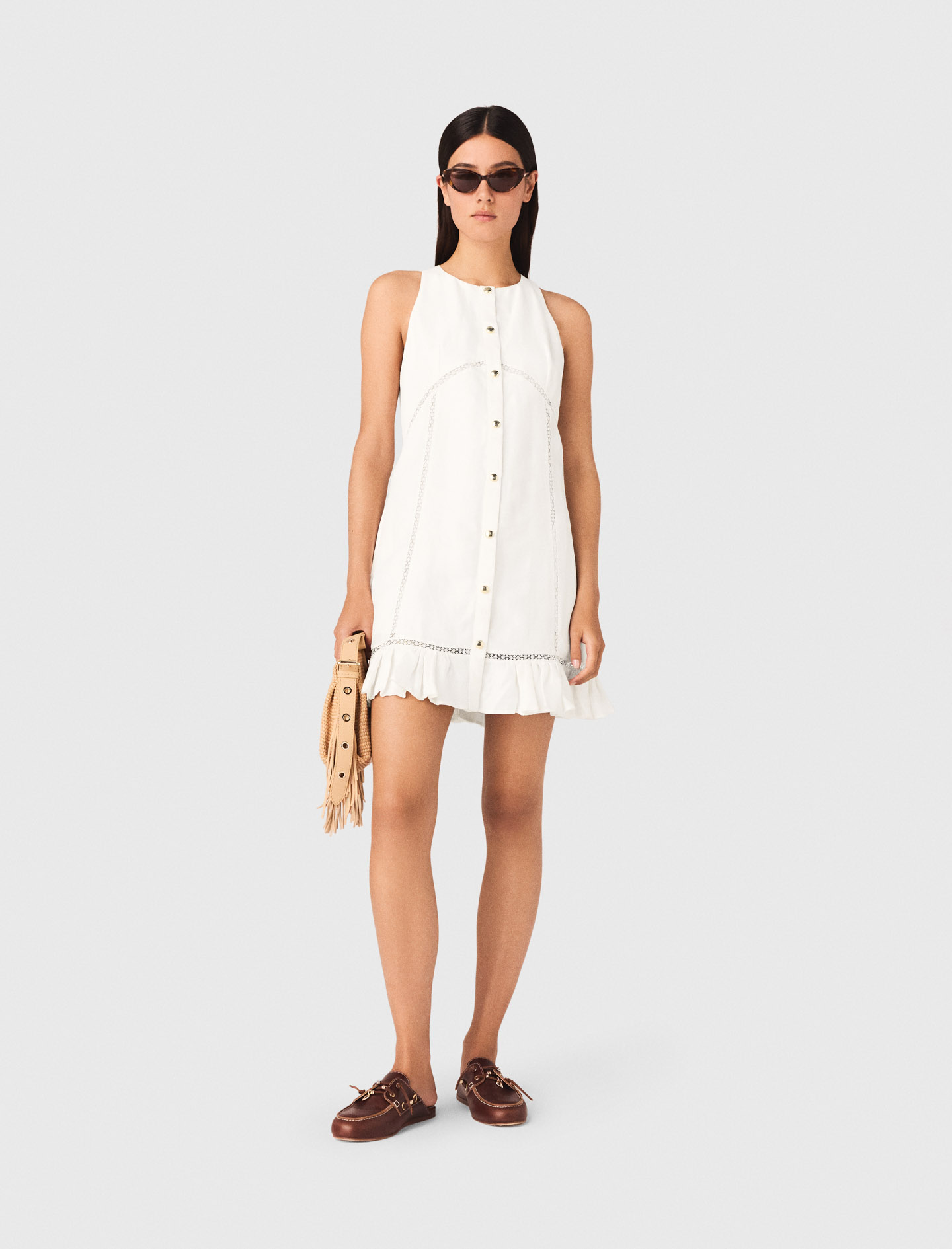 Vestido De Mezcla De Lino Bordado - Blanco - Talla 38 - Maje