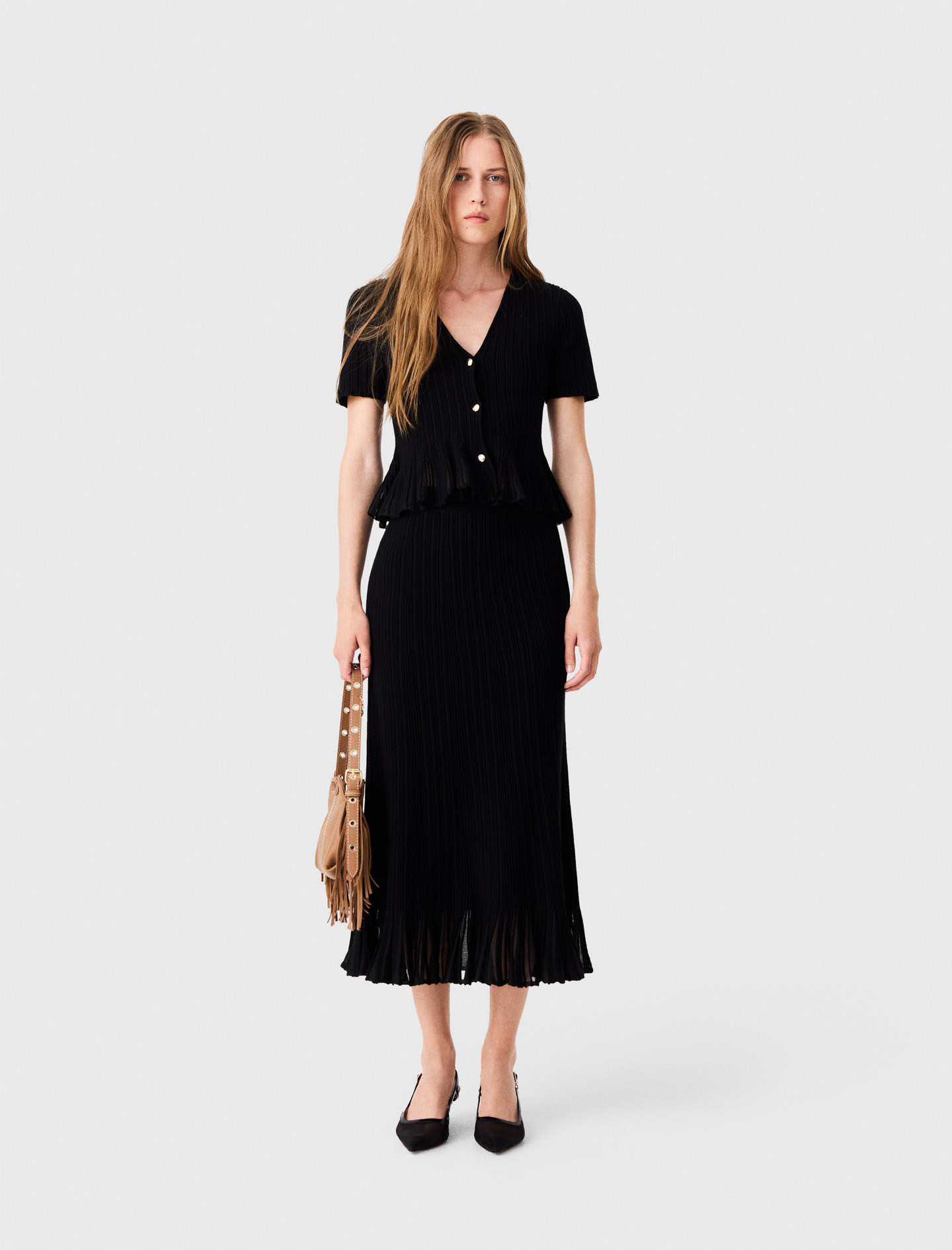 Falda De Punto Con Bajo Peplum - Negro - Talla 34 - Maje