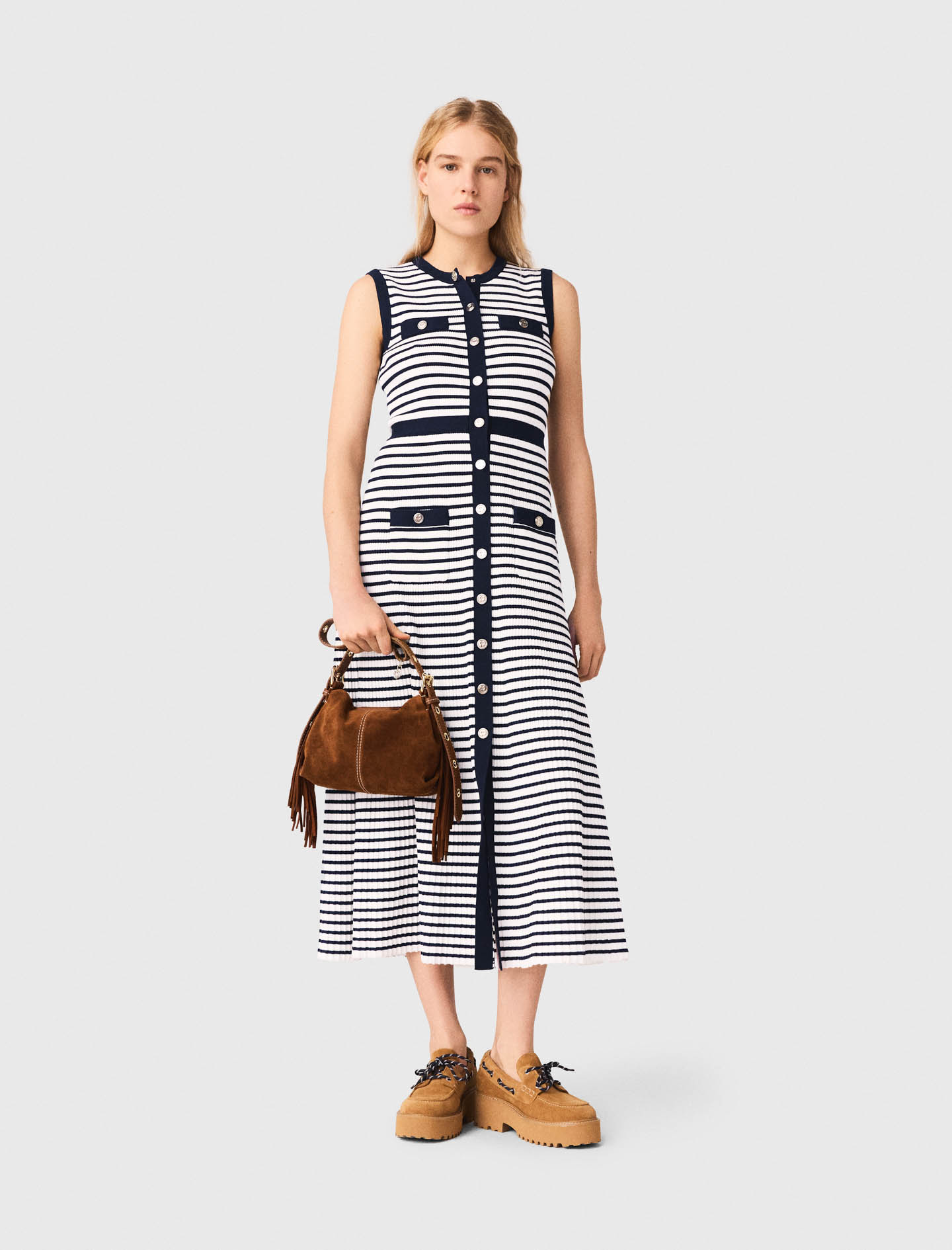 Vestido Largo De Punto Marinero - Crudo/azul Marino - Talla 40 - Maje