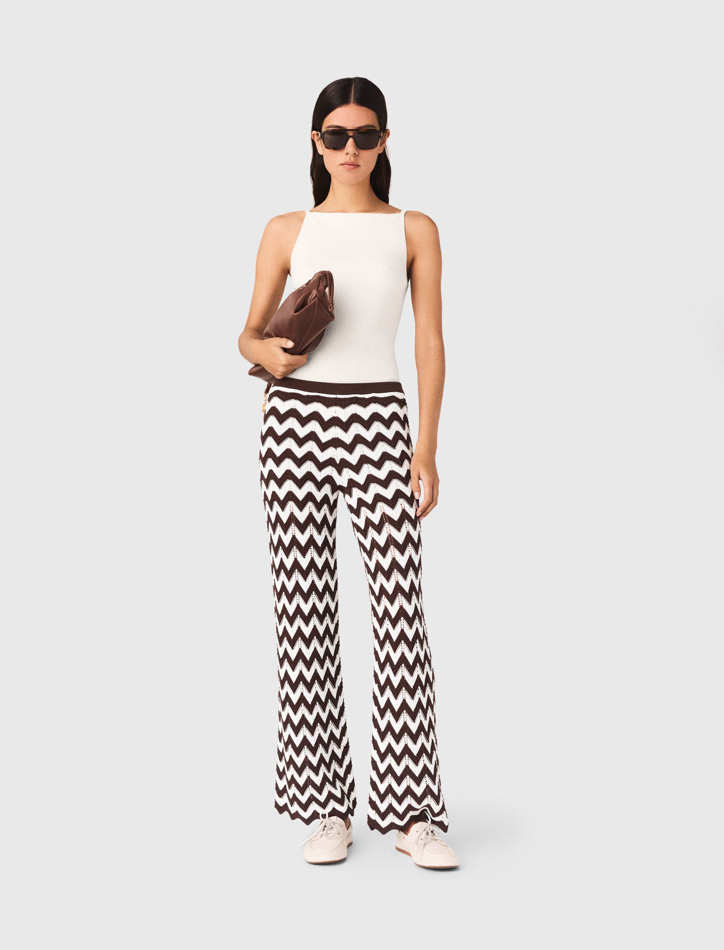Pantalón Crochet Estampado Zigzag - Marron/blanc - Talla 38 - Maje