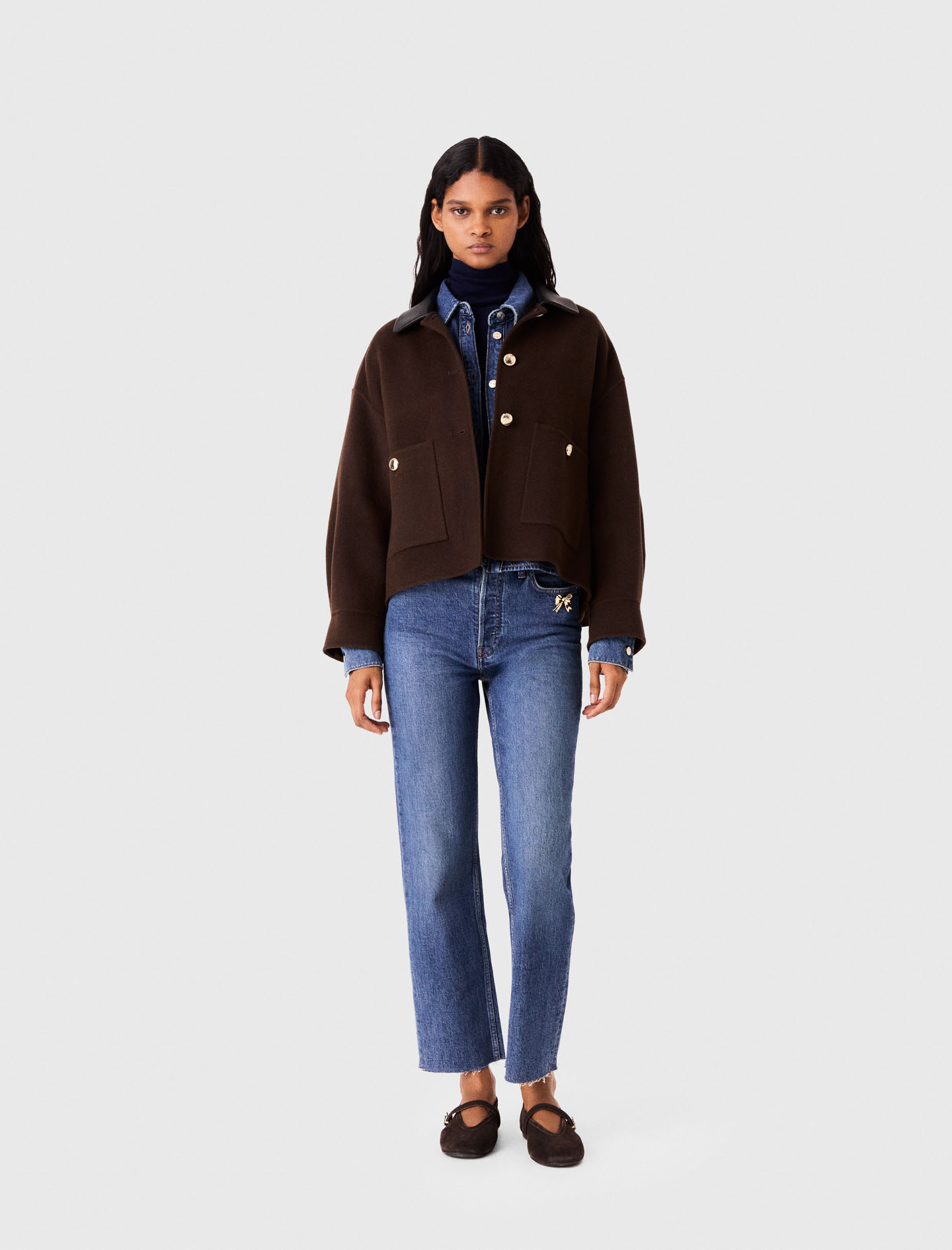 Chaqueta Corta Lana Espalda Plisada - Marrón - Talla 36 - Maje