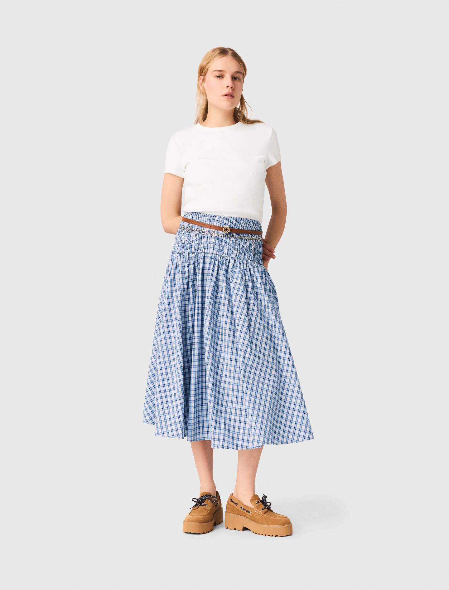 Falda Larga De Algodón Con Strass - Carreaux Bleus Print - Talla 40 - Maje