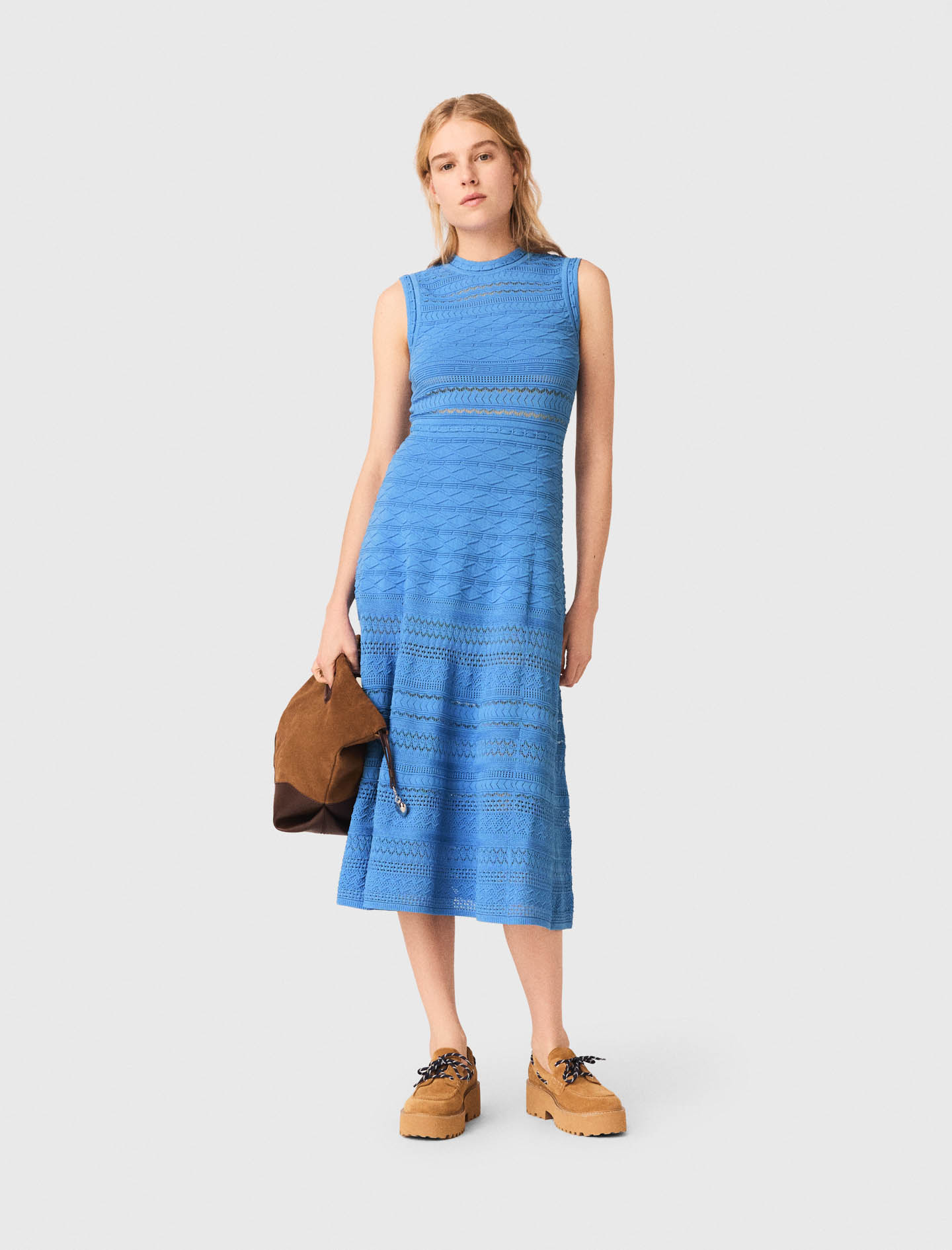Vestido Largo De Punto Pointelle - Azul - Talla 42 - Maje