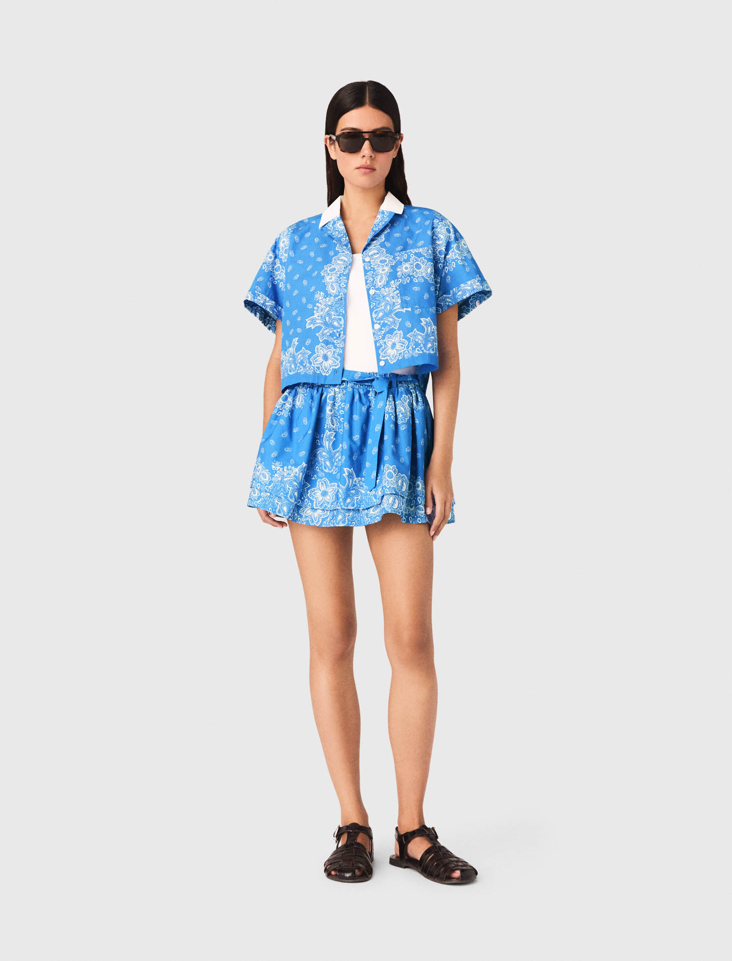 Camisa Estampada Cuello Contraste - Bleu Ciel Bandana Print - Talla 0 - Maje