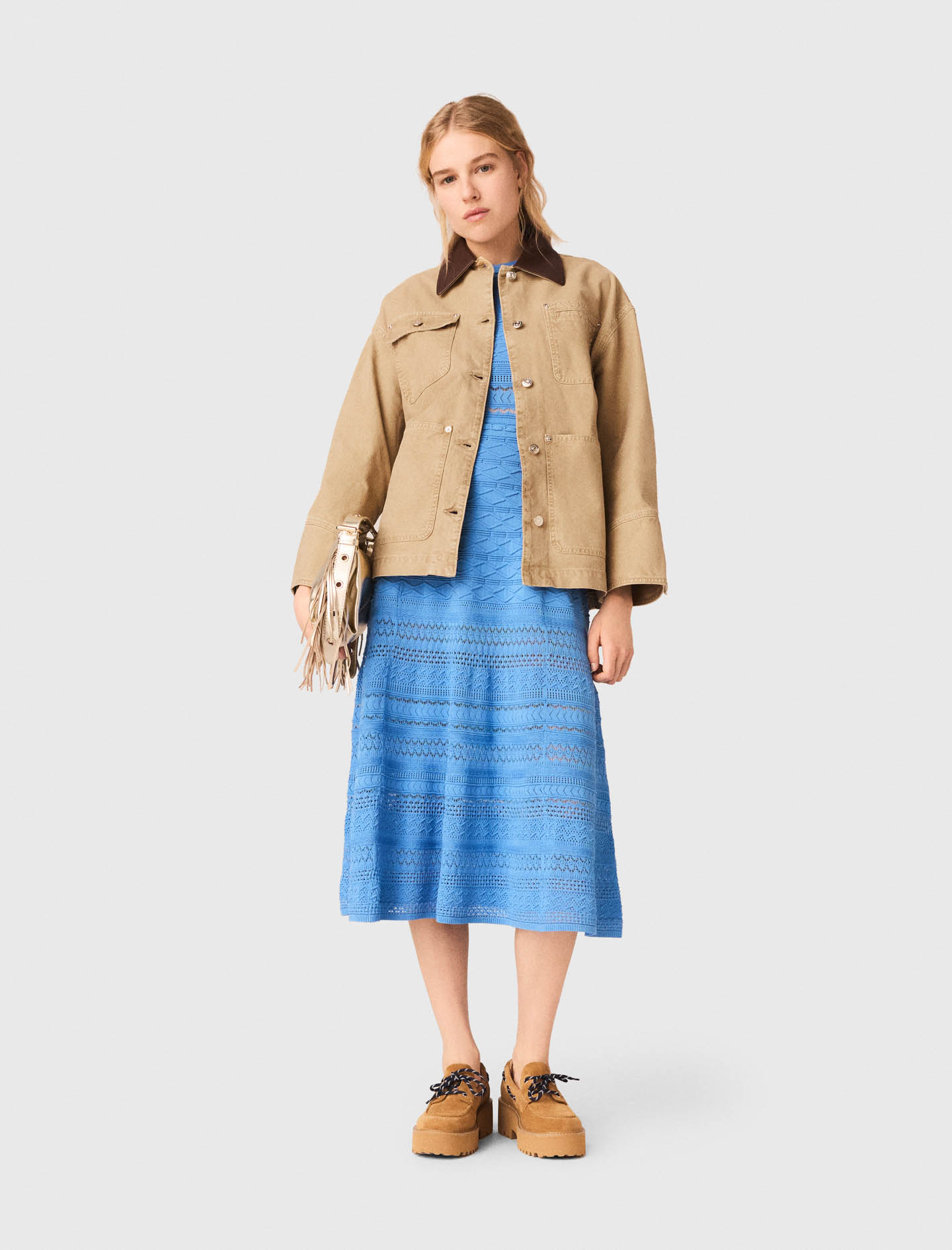 Chaqueta Denim Con Espalda Plisada - Beige - Talla 38 - Maje