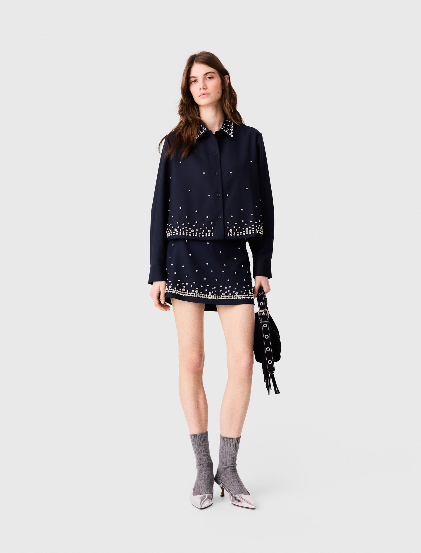 Camisa Corta Bordada Con Strass - Azul Marino - Talla 1 - Maje