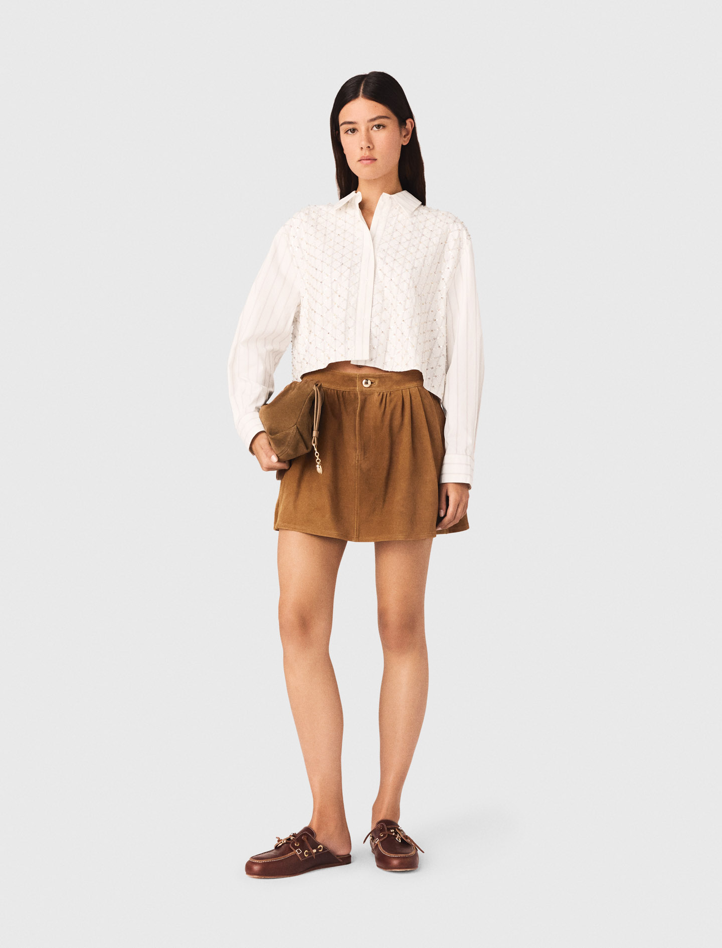 Camisa Corta Bordada Con Perlas - Blanco - Talla 0 - Maje