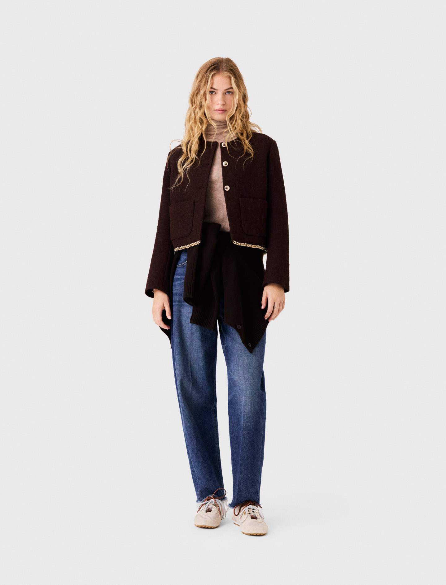 Chaqueta De Tweed Con Cadena - Marrón Oscuro - Talla 38 - Maje