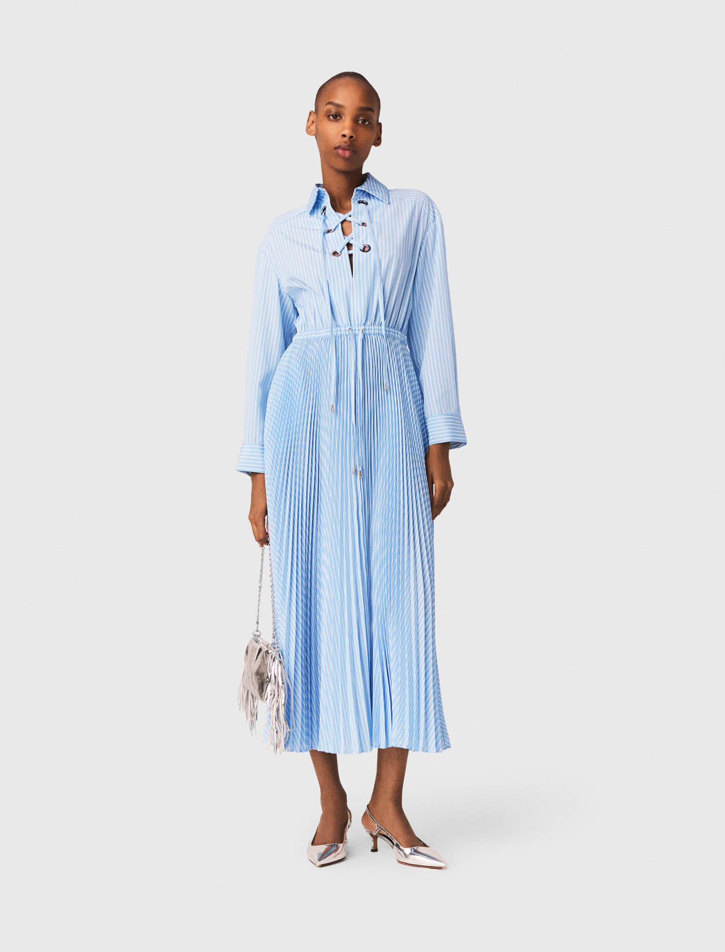 Vestido Largo Plisado Con Ojales - Celeste - Talla 42 - Maje