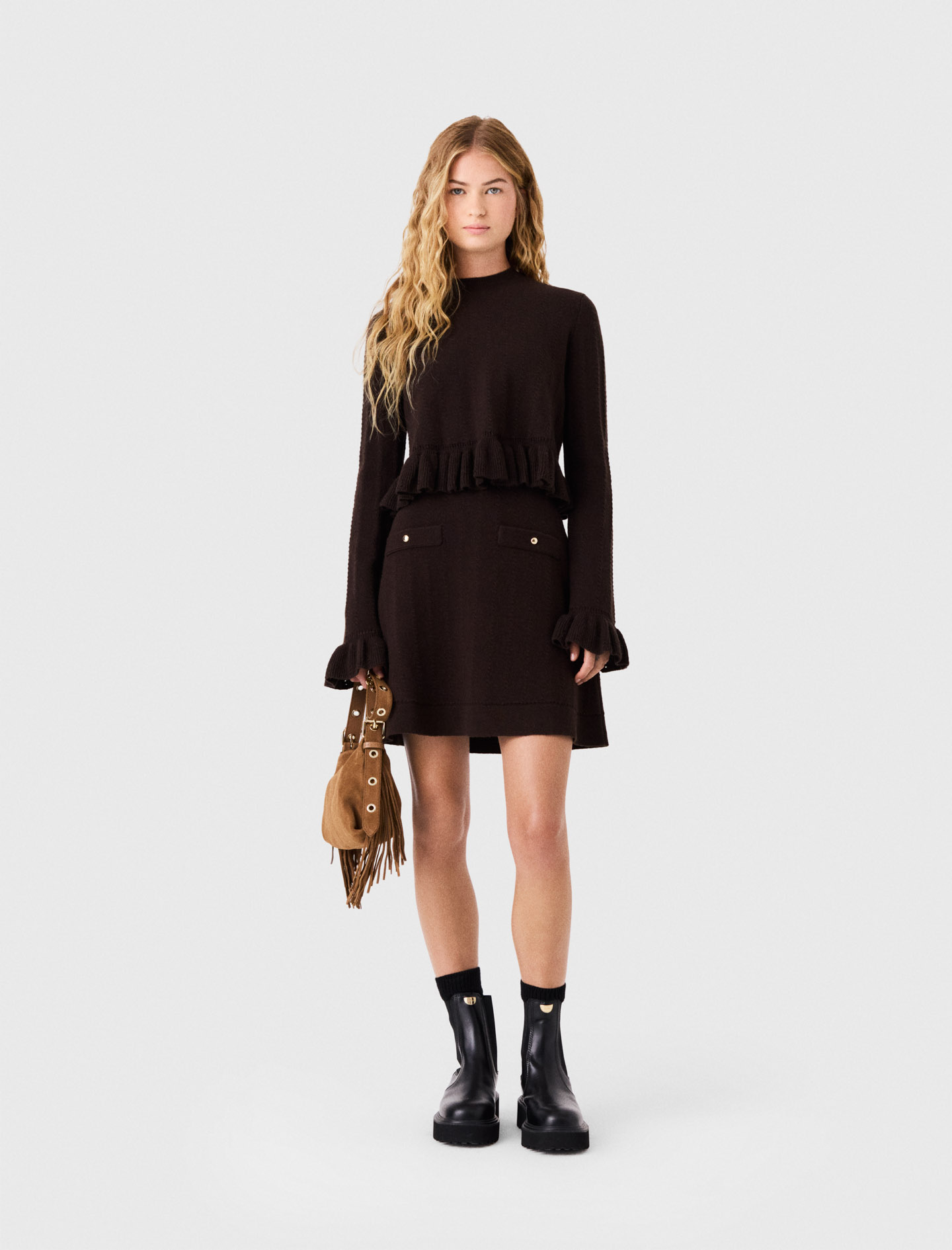 Vestido De Punto, Jersey Extraíble - Marrón Oscuro - Talla 42 - Maje