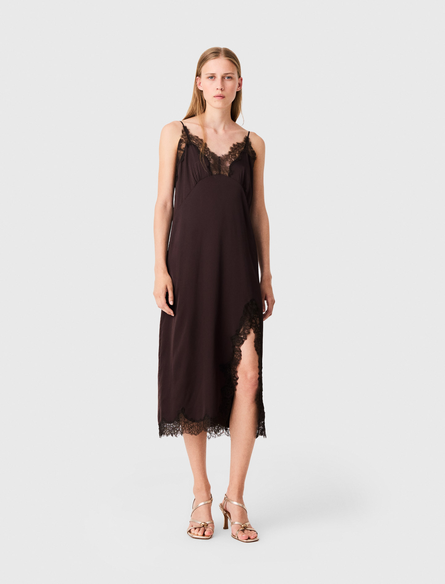 Vestido Lencero Midi - Marrón Oscuro - Talla 34 - Maje