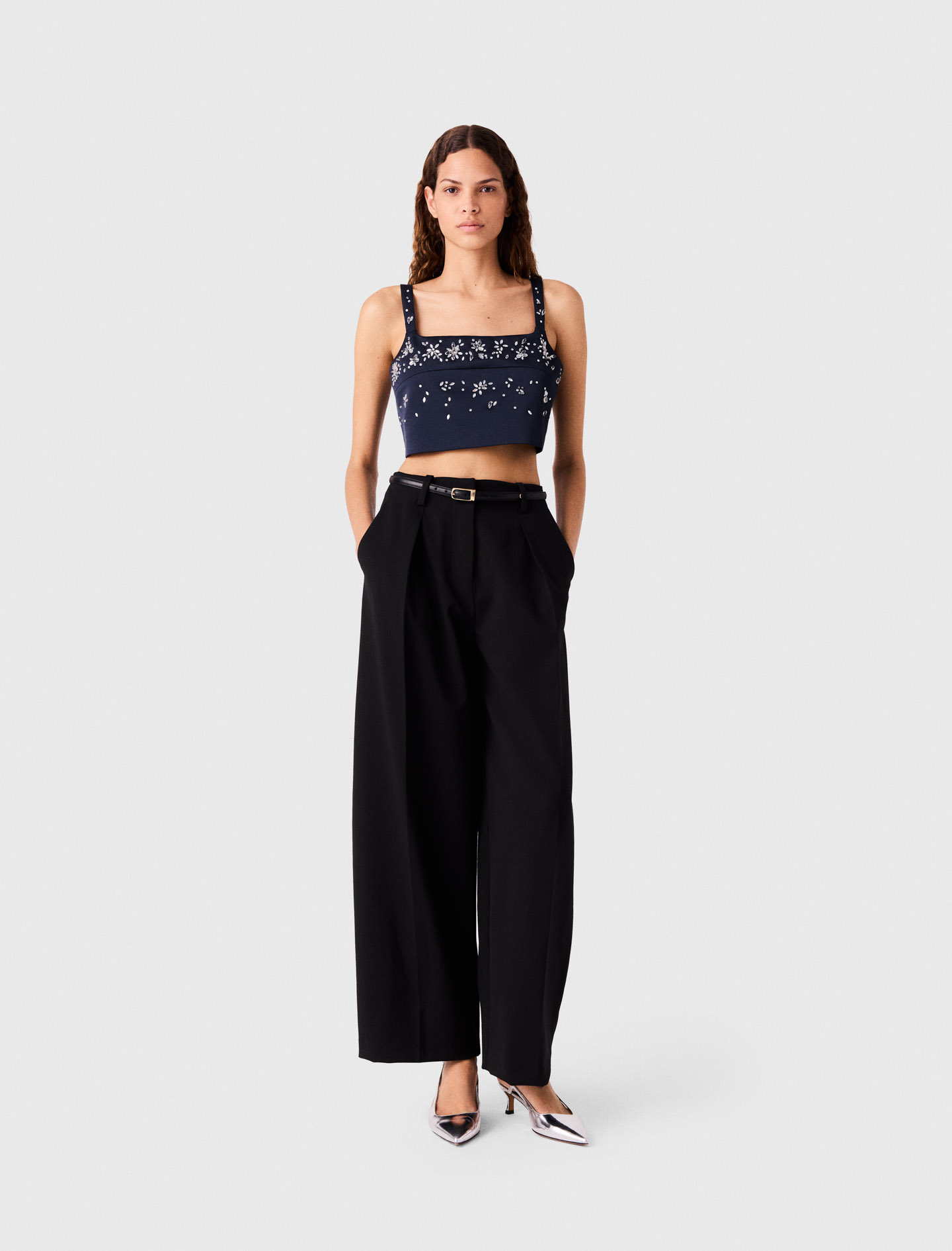 Top De Satén Con Bordados - Azul Marino - Talla 0 - Maje