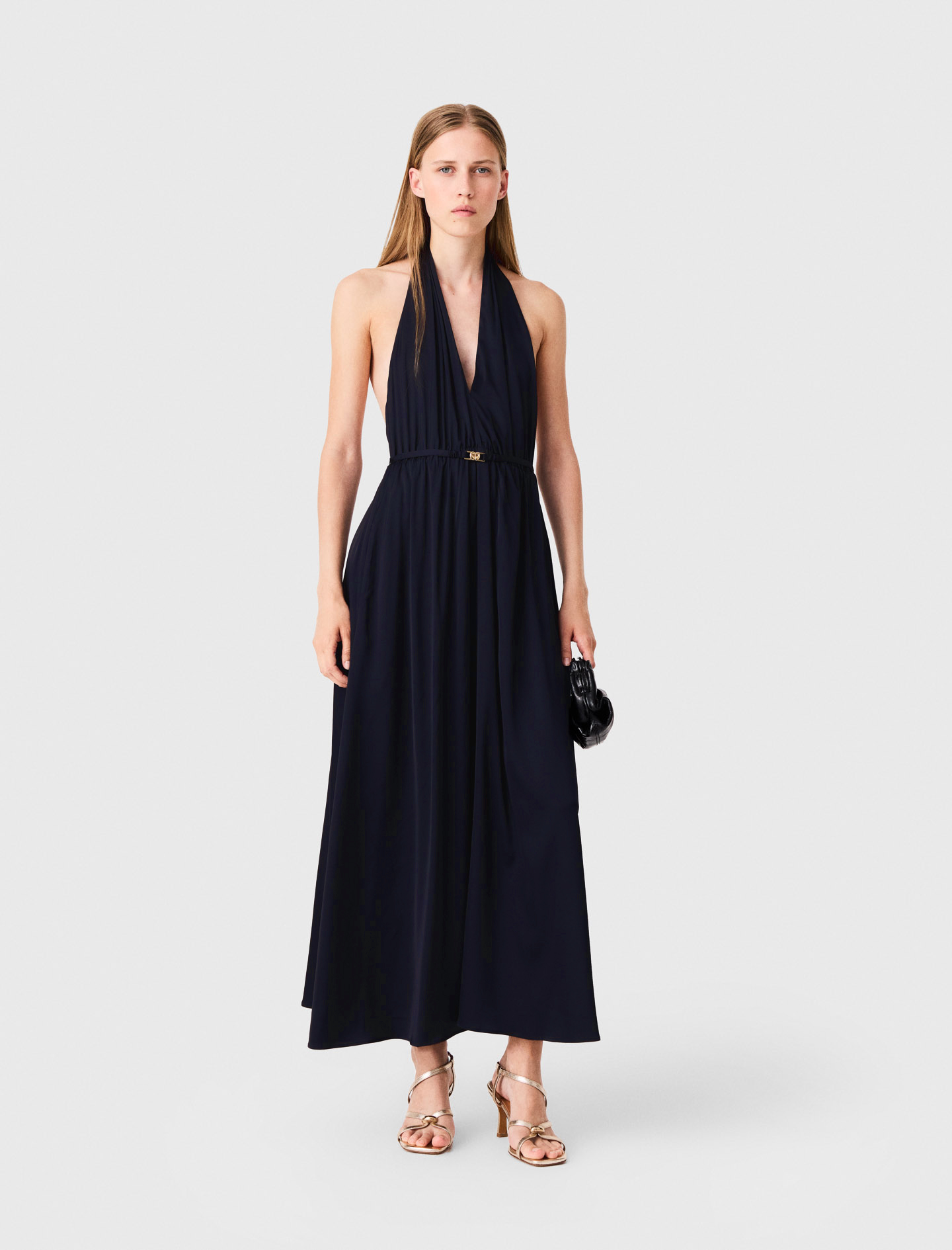 Vestido Largo Plisado Sin Espalda - Azul Marino - Talla 42 - Maje